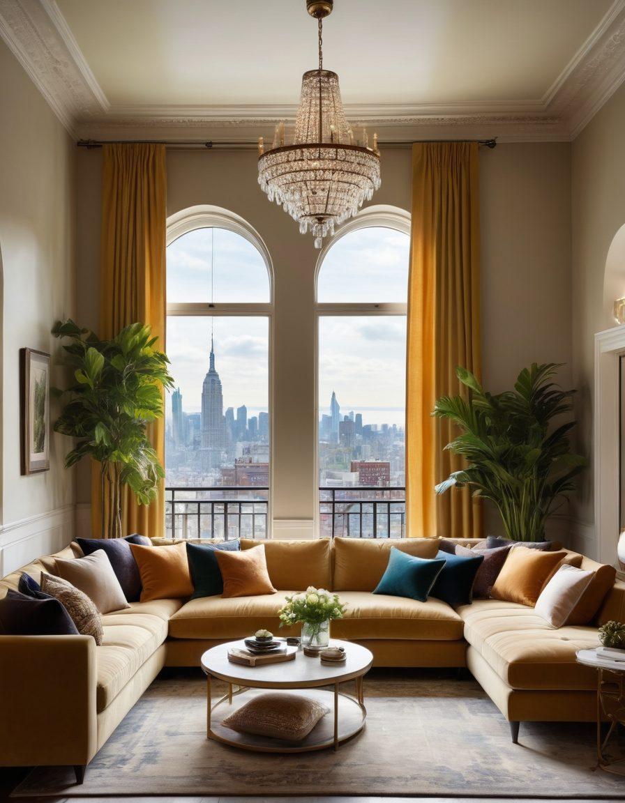 An elegant living room adorned with extravagant yet affordable furnishings, showcasing a cozy atmosphere with a chic chandelier, stylish throw pillows, and a splash of greenery from indoor plants. A window reveals a sunlit view of a beautiful cityscape, reflecting both charm and affordability. The scene feels inviting and aspirational, embodying a blend of luxury and comfort. super-realistic. vibrant colors. soft lighting.