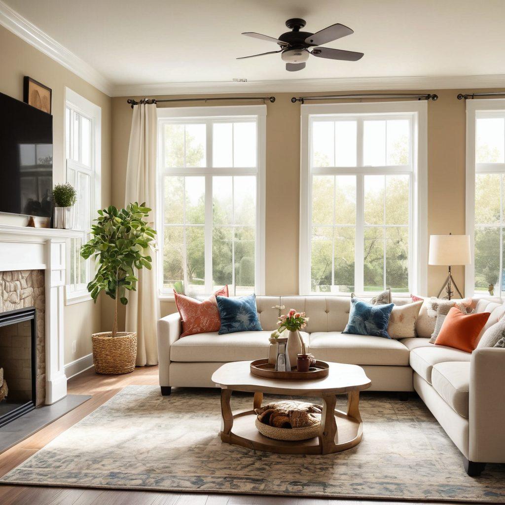 An inviting living room with a blend of cozy and classy décor, featuring soft, plush furniture, a stylish coffee table, and decorative pet-friendly elements like a cat tree and dog bed. Include a window with natural light filtering through, showcasing a cheerful outdoor family area. The scene should reflect a warm, welcoming atmosphere suitable for both families and pets. super-realistic. vibrant colors. natural lighting.