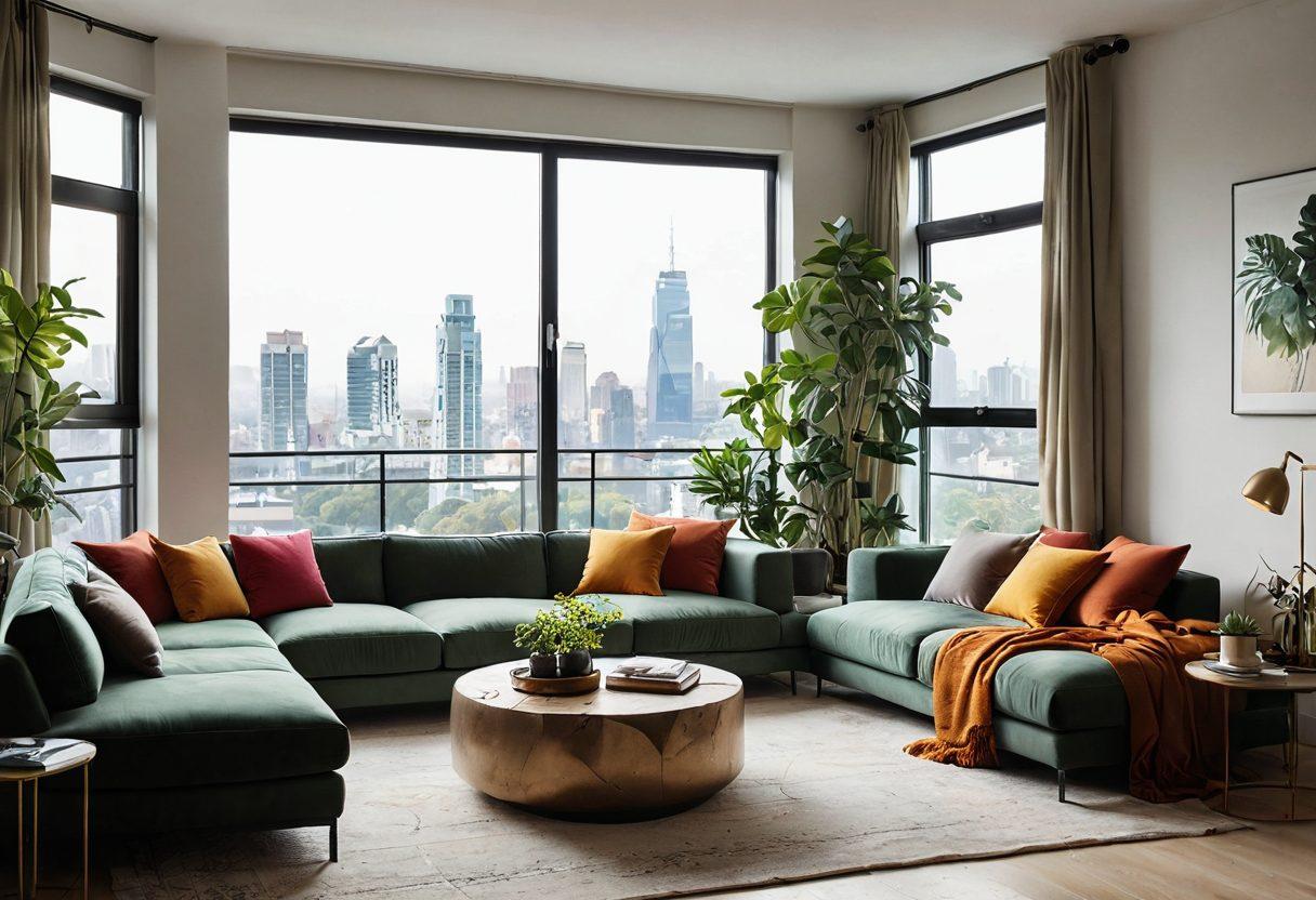 A serene apartment interior filled with lush plants, elegant furniture, and warm lighting, capturing the essence of luxury and comfort. Show a large window with a beautiful view of a vibrant cityscape, reflecting joyful living. Include soft textiles like cushions and throw blankets for a cozy atmosphere. The overall color palette should be soothing yet inviting, with a mix of earthy tones and pops of color. super-realistic. vibrant colors. white background.